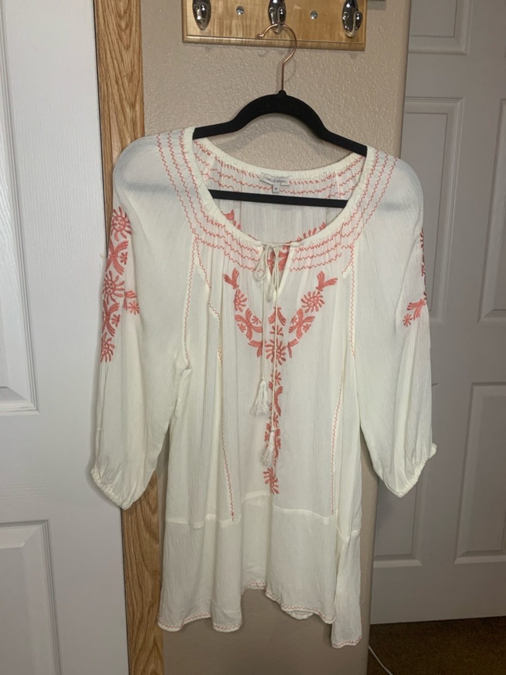 ROSE & RHYME Boho White with  Coral Embroidered Tunic Blouse